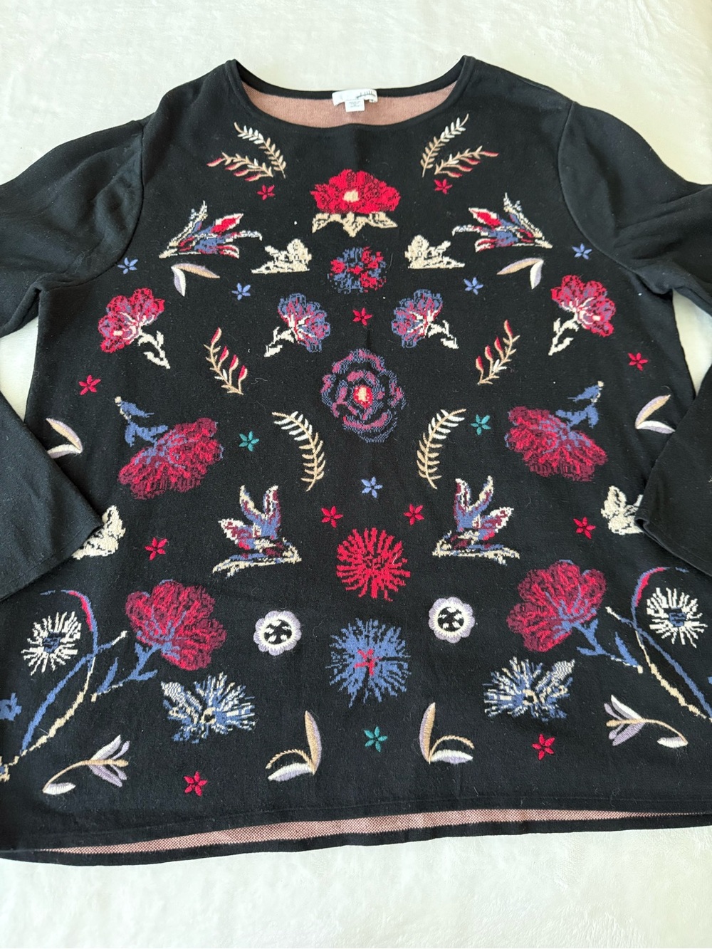 J.Jill Black Sweater w/ red pink blue floral and bird embroidery Med Petite D86